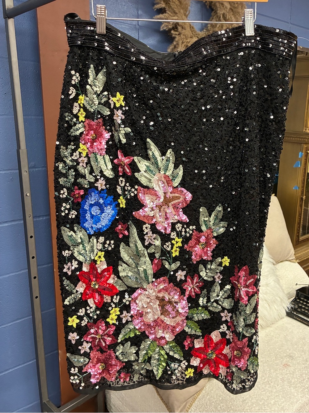 Mac Duggal Sequin skirt vibrant floral motif. Large